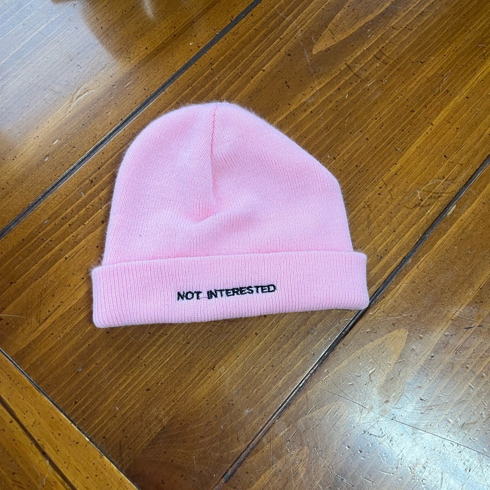 "Not Interested" Embroidered Pink Knit Beanie - Y2K Streetwear Aesthetic